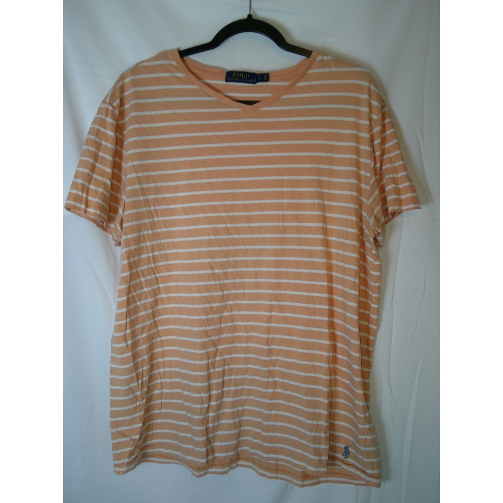 Polo Ralph Lauren Womens Large Peach White Striped V-Neck Cotton T-Shirt Pony